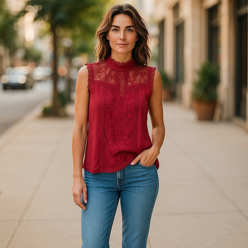 Eve & Maddie Womens Tank Wine Burgundy Lace Mock Neck‎ Size XL